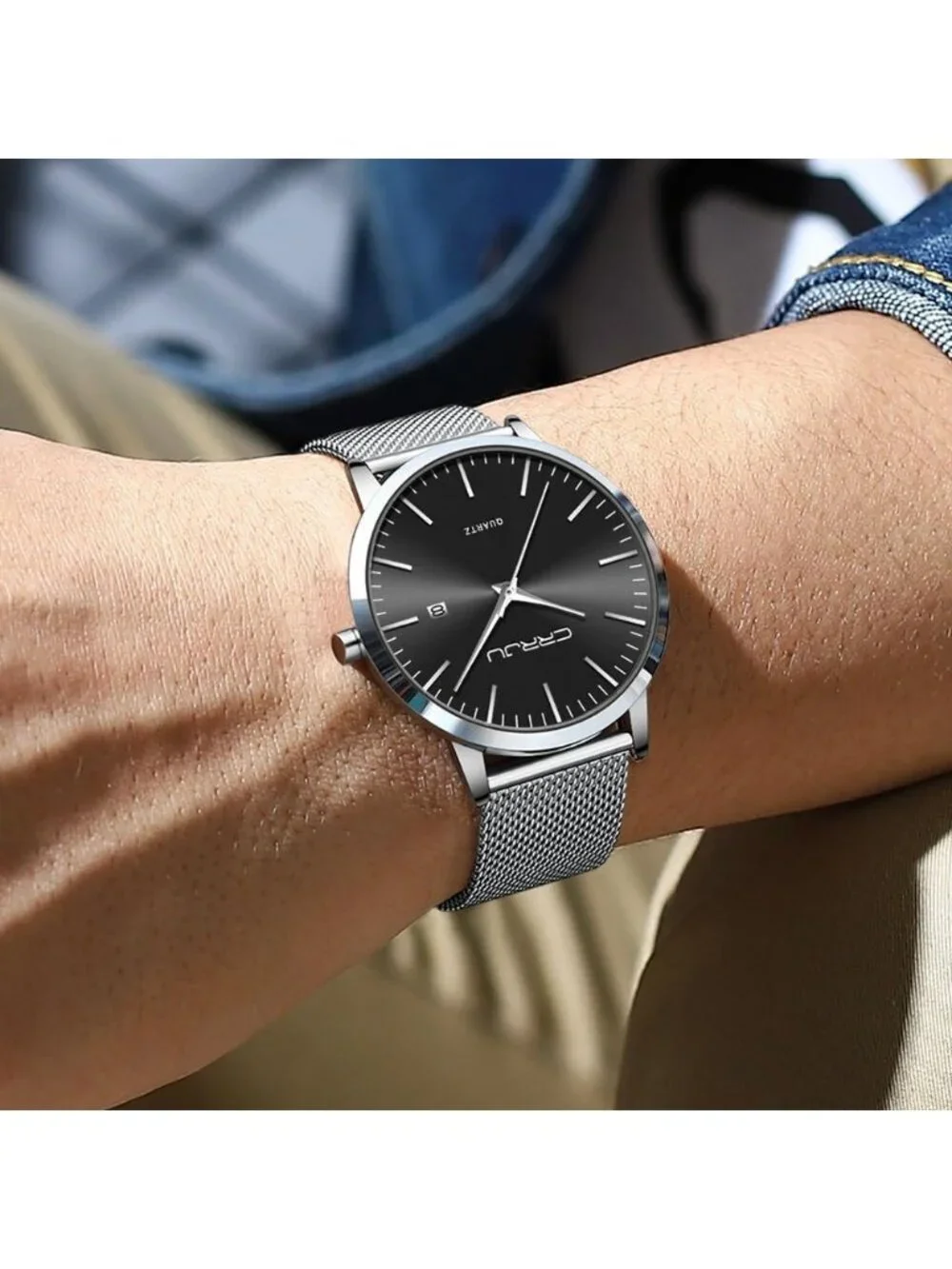 Men's Black Silver Minimalist Luxury Quartz Stainless Steel Band Date Wristwatch